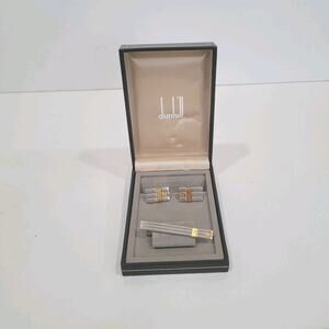 Dunhill Vintage Cufflinks Tie Clasp Clip Bar Set Silver Gold Striped Logo Box
